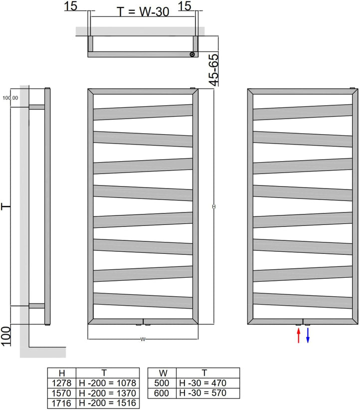 MCHeat Designheizkörper - 600 x 1278 mm - Badheizkörper Anthrazit - Handtuchwärmer mit Mittelanschlu