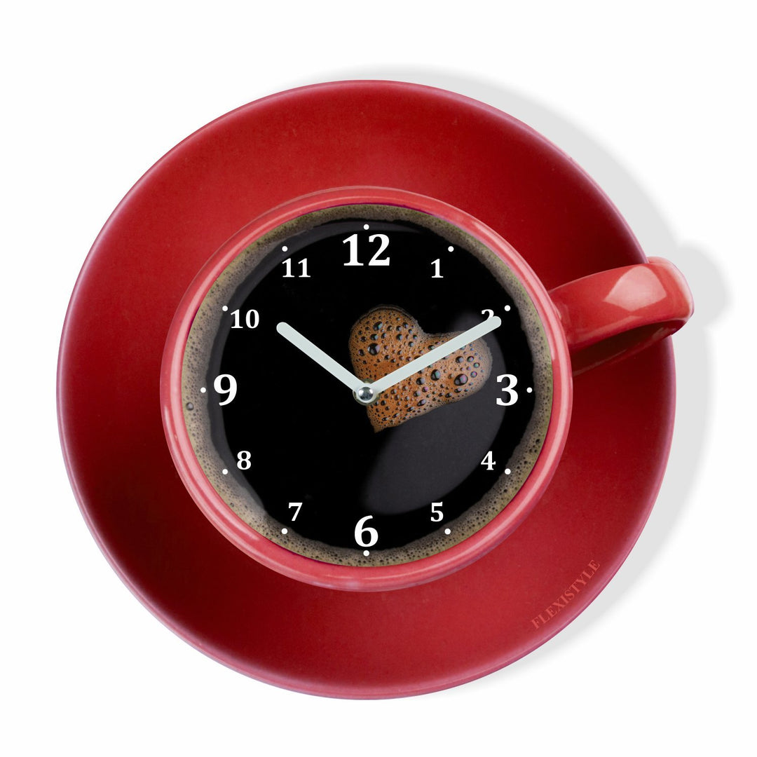 FLEXISTYLE Moderne Küchen Wanduhr Tasse Perfetta, rot, Acrylglas, UV-Druck, Made in EU, Rot