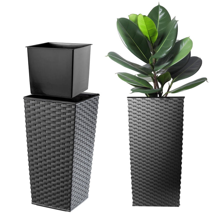 KADAX Pflanzkübel mit Innentopf, Höhe 68cm, Grafit Rattan – Wetterfester Blumentopf für Innen & Auss