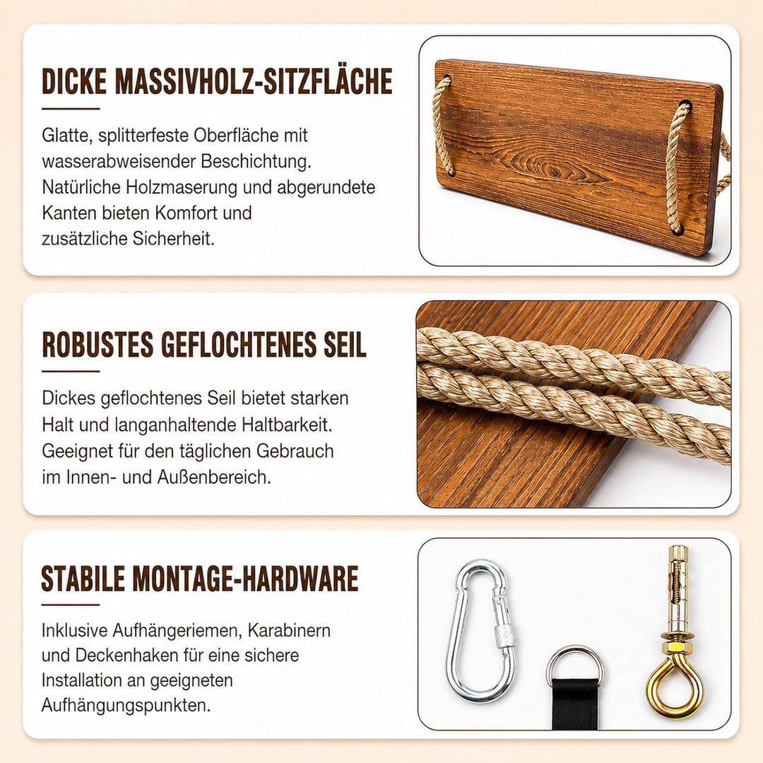 Holzschaukel für Garten & Innenbereich – Schaukelsitz aus Massivholz (43x20x2,5cm) bis 200kg, Kinder