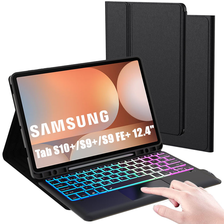 ROOFEI 12,4 Zoll Galaxy Tab S9 FE+/S9+/S10+ Hülle mit Tastatur QWERTZ : DIY 3-Zonen-7-Farbige Beleuc