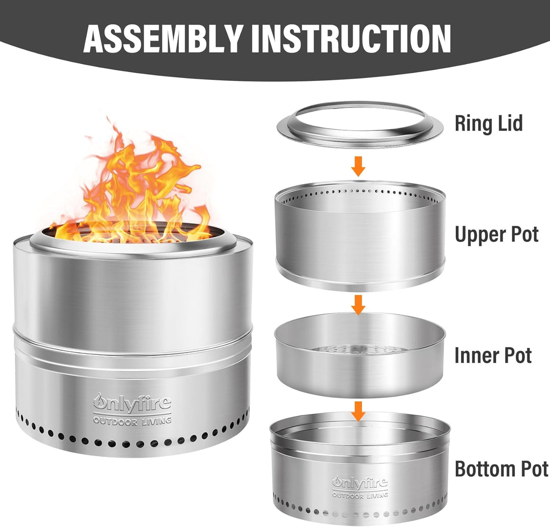 Onlyfire Tragbare Feuerstellen mit Aufbewahrungstasche, 50cm Fire Pit aus Edelstahl, Abnehmbarer Asc