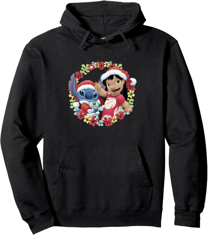 Disney Lilo & Stitch Christmas Flower Wreath Wave Pullover Hoodie