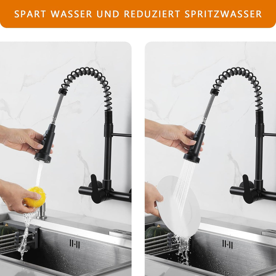 LIWEIKE Küchenarmatur Wandmontage, 360° Drehung Wasserhahn Schwarz Küche mit 2 Strahlarten Wasserhah