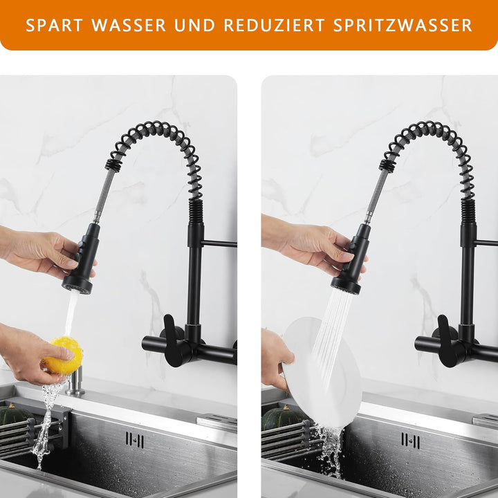 LIWEIKE Küchenarmatur Wandmontage, 360° Drehung Wasserhahn Schwarz Küche mit 2 Strahlarten Wasserhah