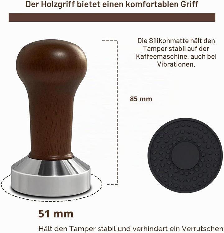 Kaffeetamper 51mm mit Echtholzgriff & Silikonmatte – Massiver Espressostempel für präzises Tamping –