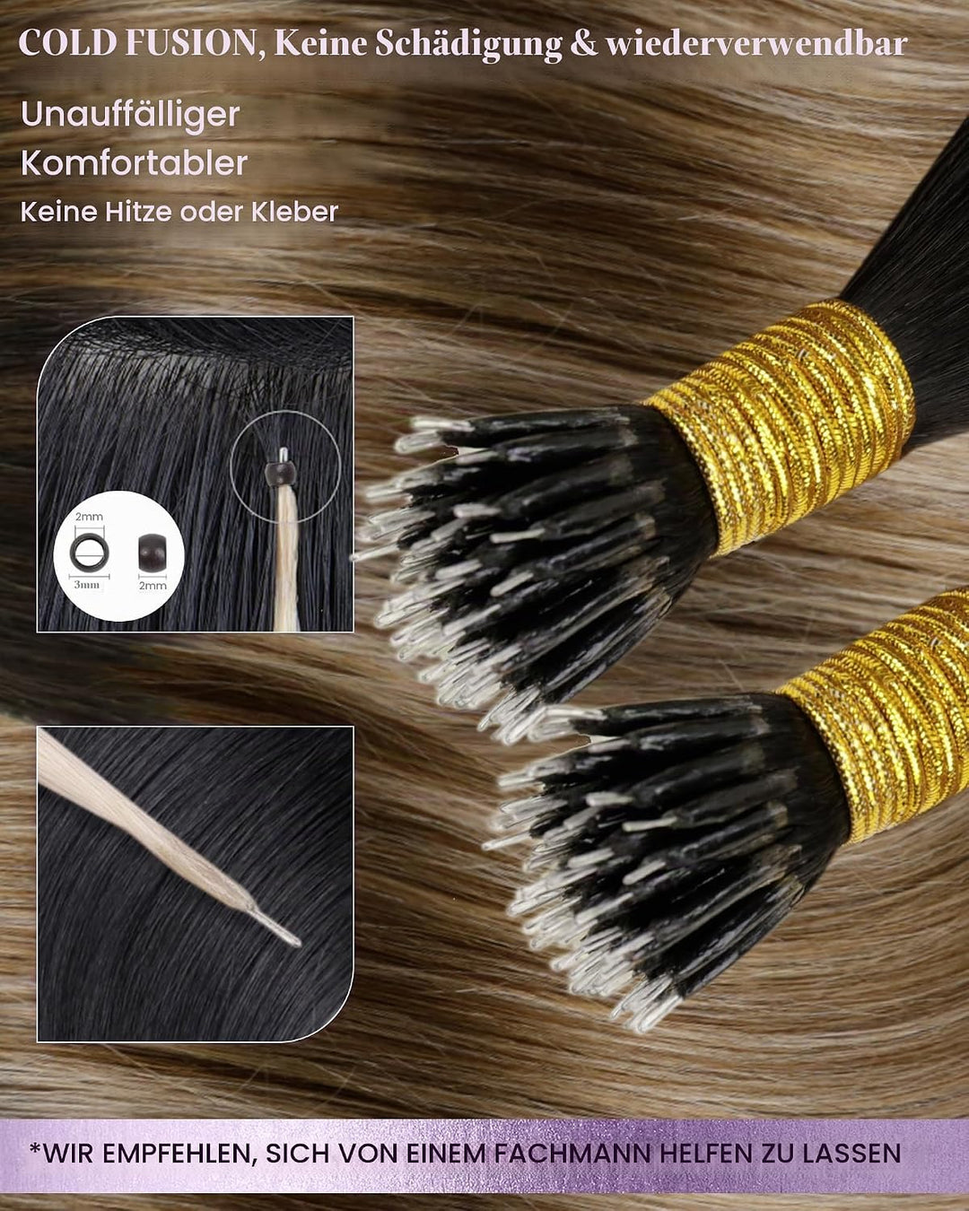 LaaVoo Balayage Echthaar Nanoring Extensions Dunkelstes Braun mit Mittel Braun und Aschblond 35 cm C