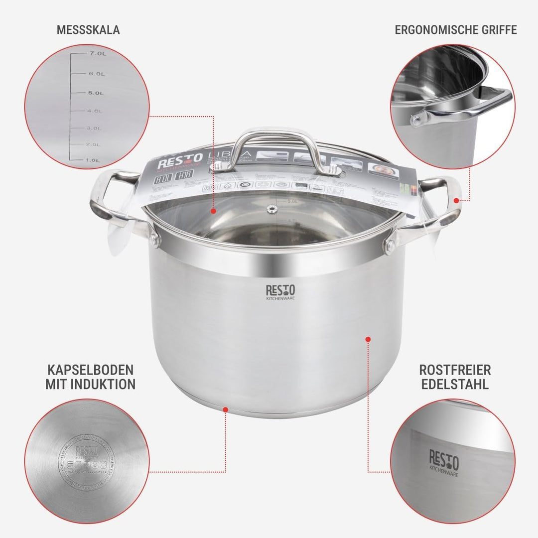 RESTO Edelstahltopf 24 cm - Suppentopf, Universaltopf 7 l - Schmortopf mit Deckel - Topf für alle He