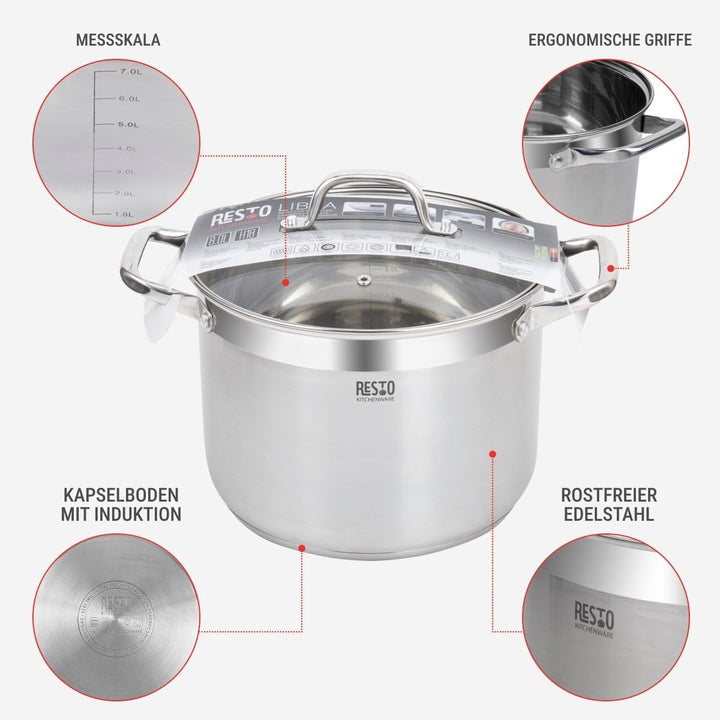 RESTO Edelstahltopf 24 cm - Suppentopf, Universaltopf 7 l - Schmortopf mit Deckel - Topf für alle He
