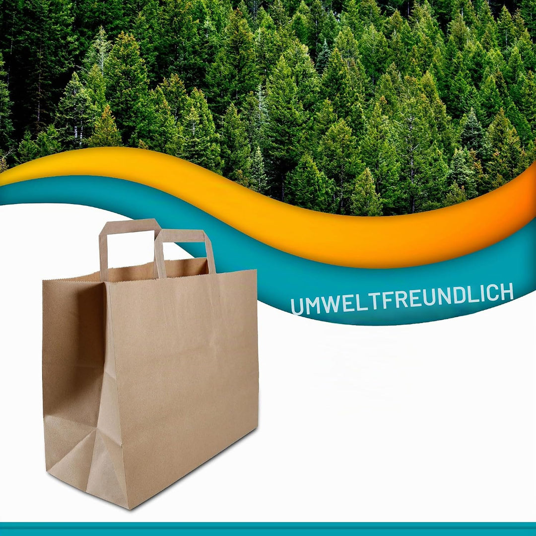 Commerline Papiertüten 250 Stück, Braun, 32+17x27 cm | Kraftpapier Tüten Klein Mit Henkel | Tragetas