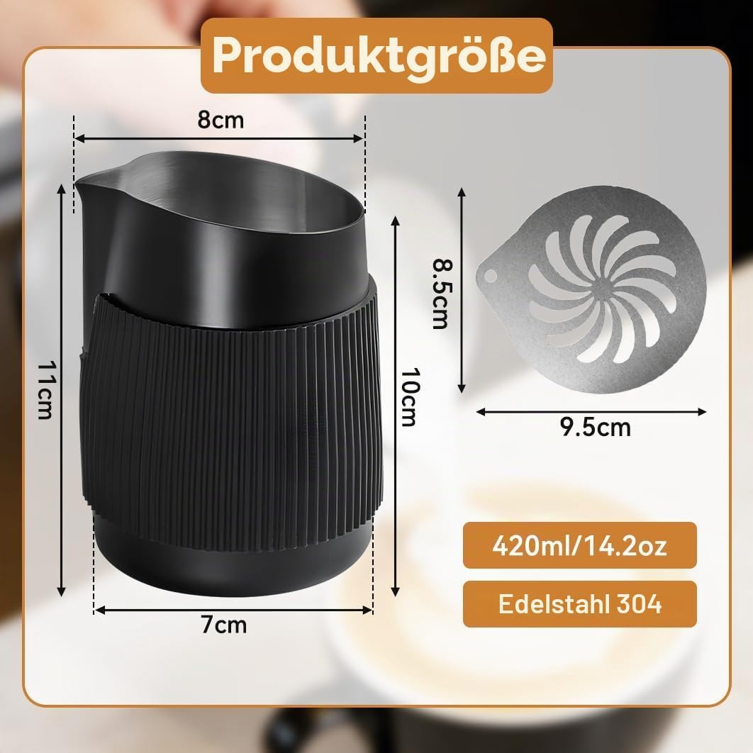 Becher Milchkännchen Edelstahl Milchaufschäumkrug Aufschäumkännchen 420ml/14OZ Milchkanne Schwarz Mi