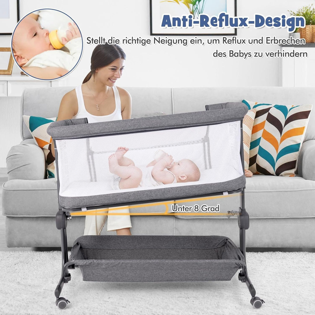 DREAMADE Beistellbett Baby, 6-stufig Höhenverstellbar Babybett mit weicher Matratze & Rollen & Trage