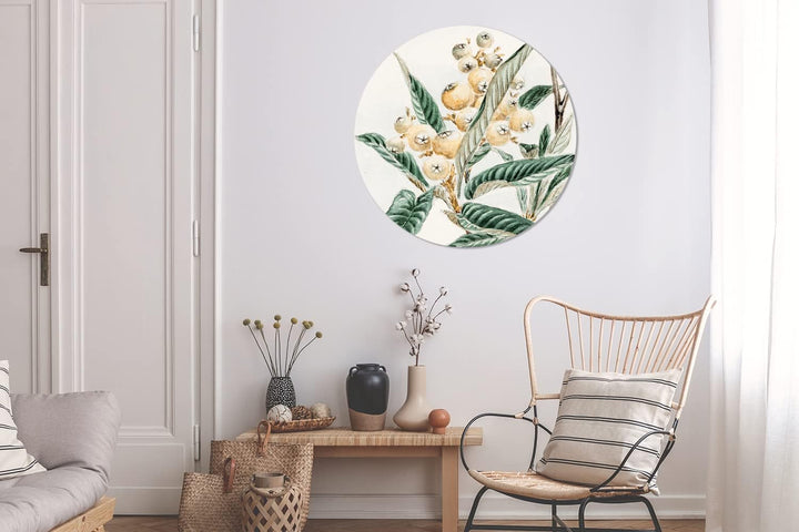 MuchoWow Wandbild Rund Wanddeko Deko Wohnzimmer Bilder 90x90 cm Obst - Blätter - Vintage - Japanisch