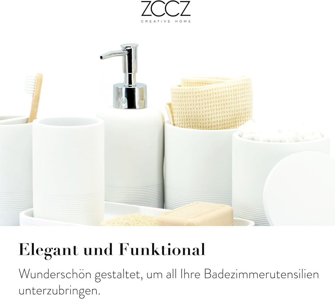 ZCCZ - Weisses Badezimmer-Zubehör-Set 6-teilig – Zahnbürstenhalter, Lotionseifenspender, 2 Qtip-Halt