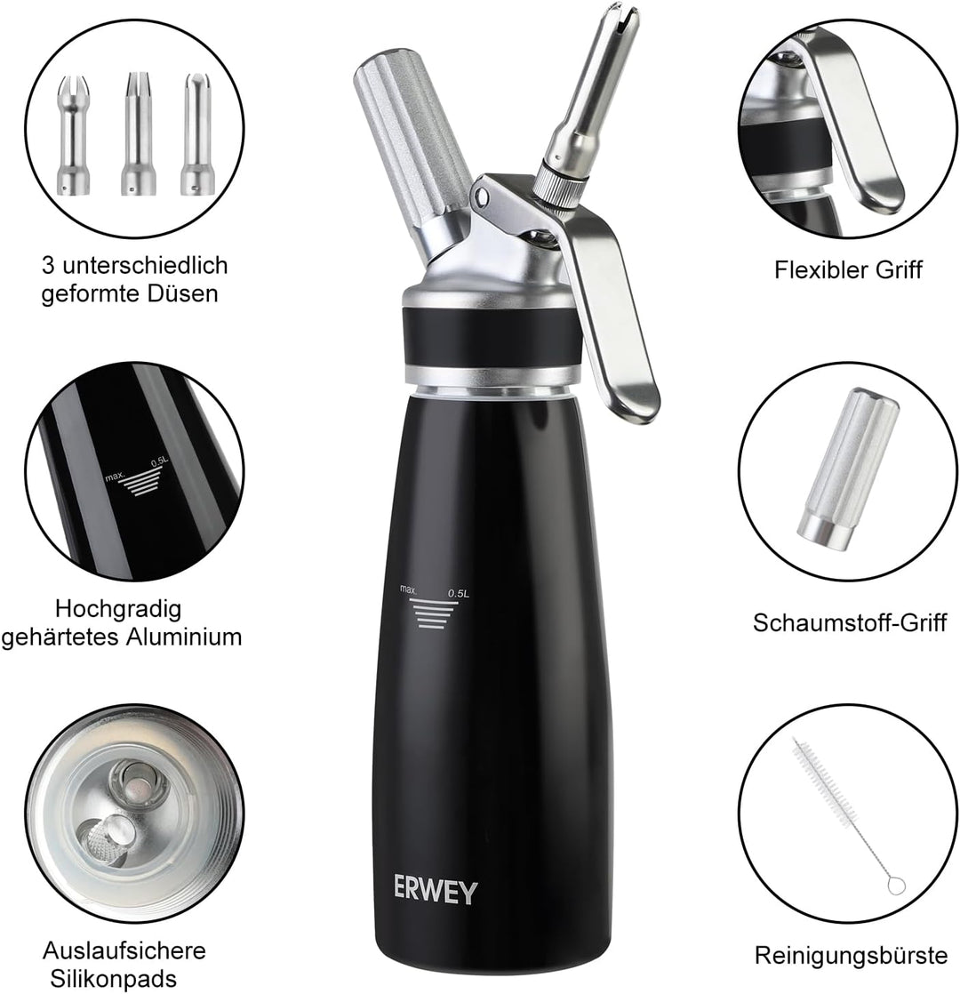ERWEY Sahnespender 500ML, Sahnesyphon Edelstahl, Sahnesprüher Auslaufsicherer Einfach Reinigen mit 3
