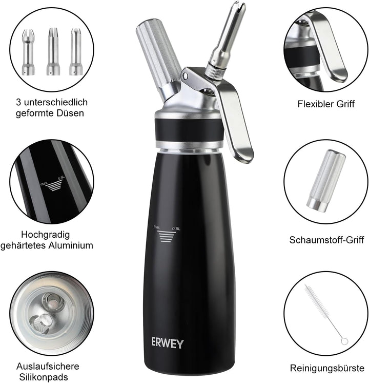 ERWEY Sahnespender 500ML, Sahnesyphon Edelstahl, Sahnesprüher Auslaufsicherer Einfach Reinigen mit 3