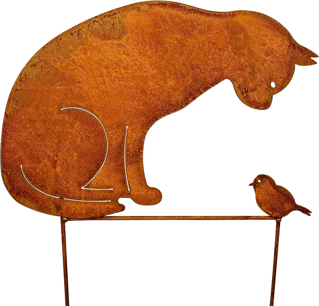 Manufaktur-Lichtbogen Rost Gartenstecker Katze und Vogel 50x43cm Edelrost Gartendekoration