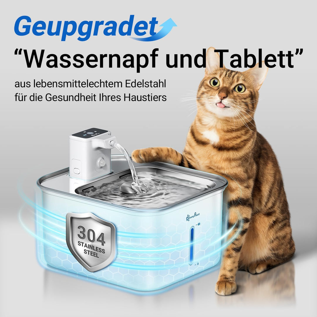 DownyPaws Katzenbrunnen Edelstahl Kabellos, Trinkbrunnen für Katze Edelstahl mit Bewegungsmelder und