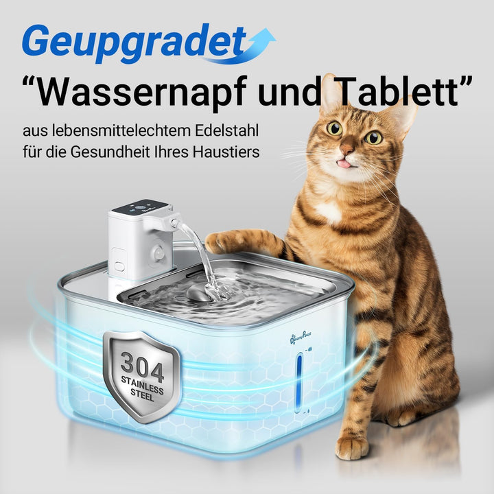 DownyPaws Katzenbrunnen Edelstahl Kabellos, Trinkbrunnen für Katze Edelstahl mit Bewegungsmelder und