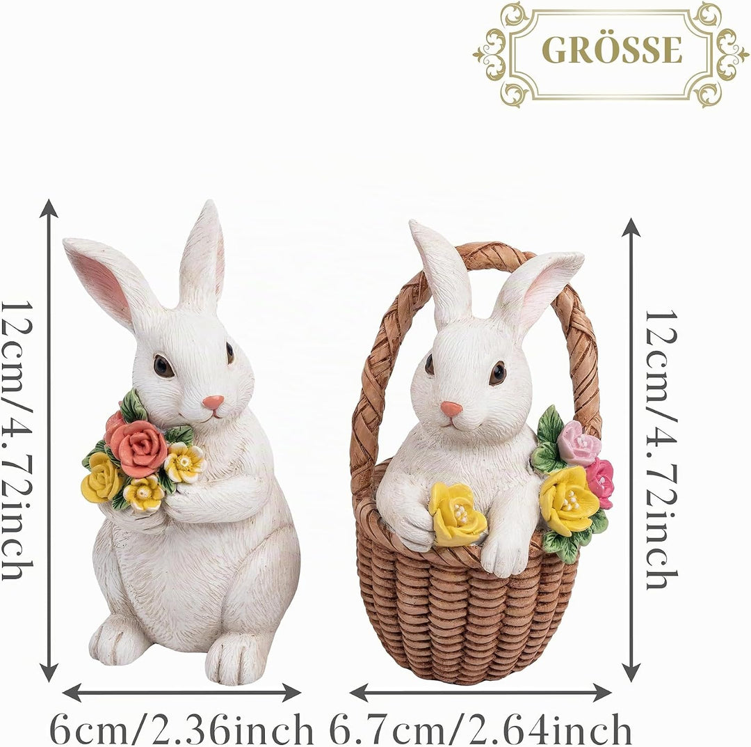 VALERY MADELYN 2 Stück Osterhasen für Osterdeko draussen,Dekohase Harz mit Osterkörbchen Blumen für