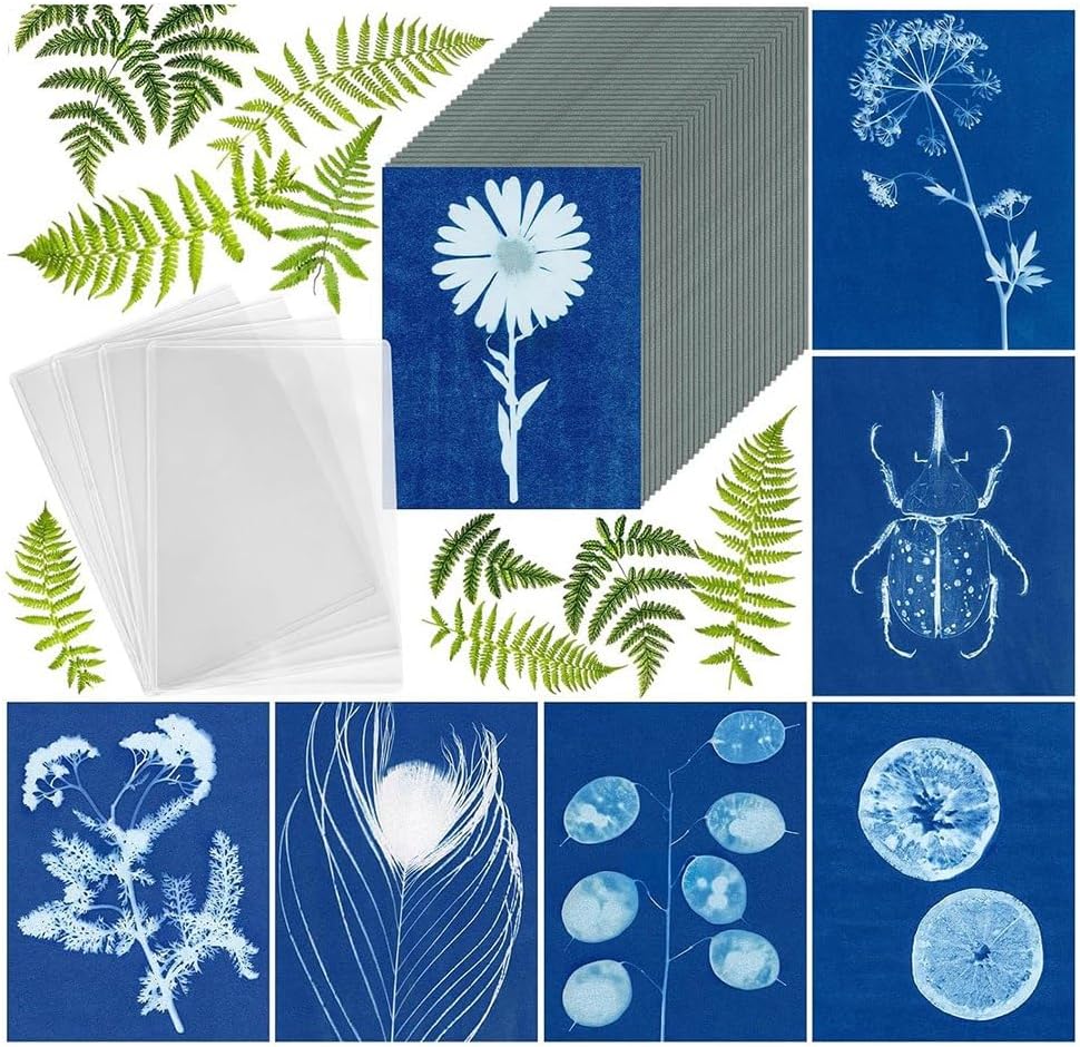 Sun Print Paper Kit, 100 Blatt Cyanotypie-Papier mit 4 Blatt Acrylplatte, A5 Sun Art Papier, Solar P