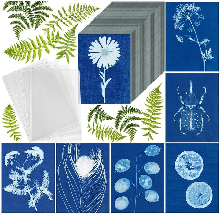 Sun Print Paper Kit, 100 Blatt Cyanotypie-Papier mit 4 Blatt Acrylplatte, A5 Sun Art Papier, Solar P
