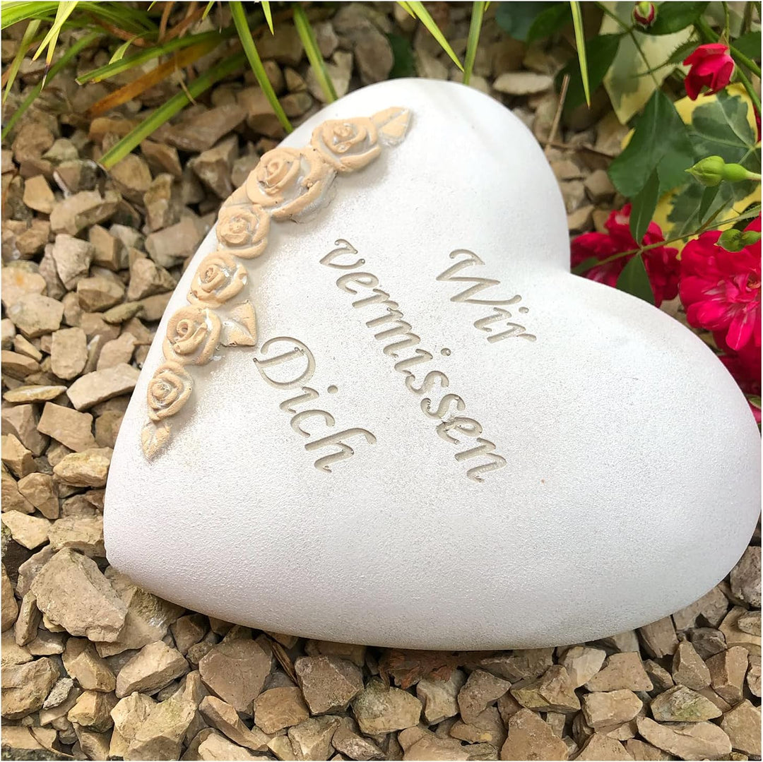 Radami XXL Grabherz Spruch Grabschmuck Grab Herz - Wir vermissen Dich - ca.1200g Rosenranke Sand