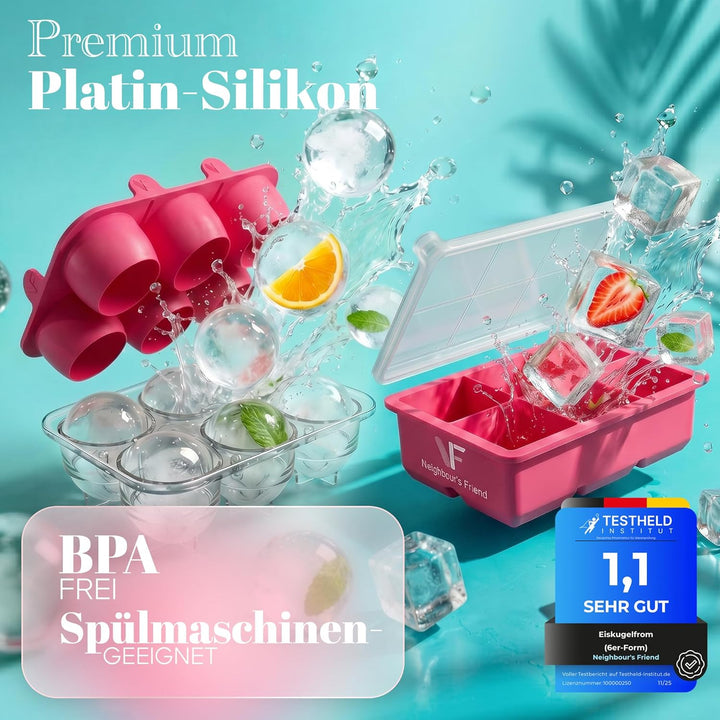 Neighbour’s Friend® Pinkes XXL Eiswürfel & Eiskugelform Set – 6 grosse 5cm Eiswürfel & 6 Eiskugeln a