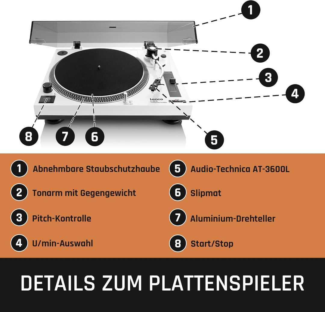 Lenco L-3810 Plattenspieler mit Direktantrieb - DJ Plattenspieler - 33/45 U/min - Pitch-Control - Ma