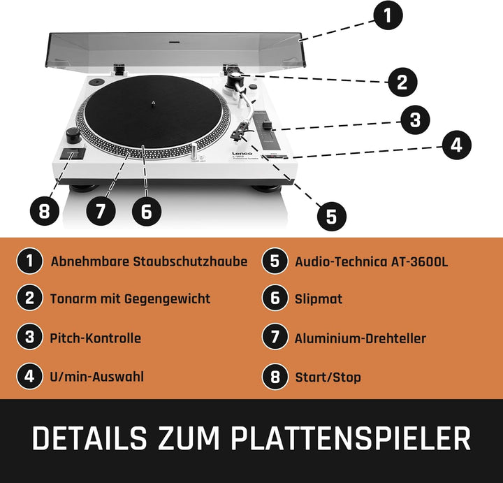 Lenco L-3810 Plattenspieler mit Direktantrieb - DJ Plattenspieler - 33/45 U/min - Pitch-Control - Ma