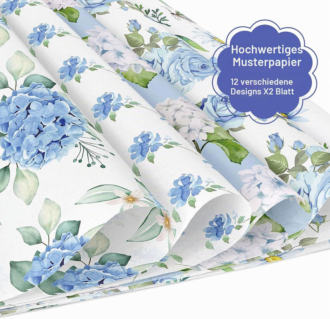 Scrapbook Papier 30x30 Scrapbook Bastelpapier mit Blumen Muster, Blau Scrapbooking Papier Frühling M
