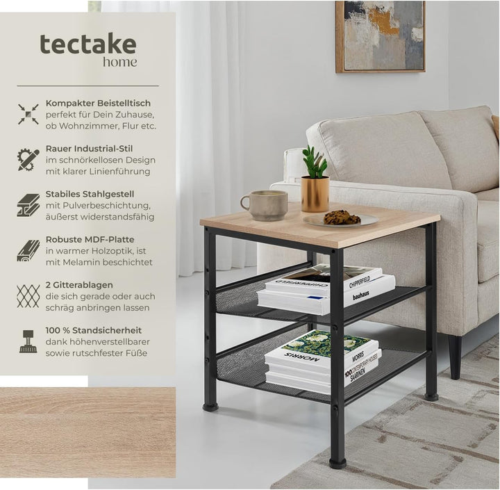 tectake Beistelltisch aus Holz und Metall, Nachttisch mit 2 Gitterablagen, Industrie-Design, für Woh