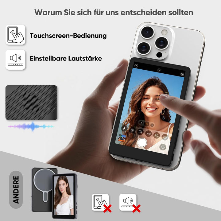 Rottogoon Selfie-Monitor Touchscreen für iPhone 7-16, 4 Zoll 4 K 30 fps, magnetischer Rückkamera-Mon