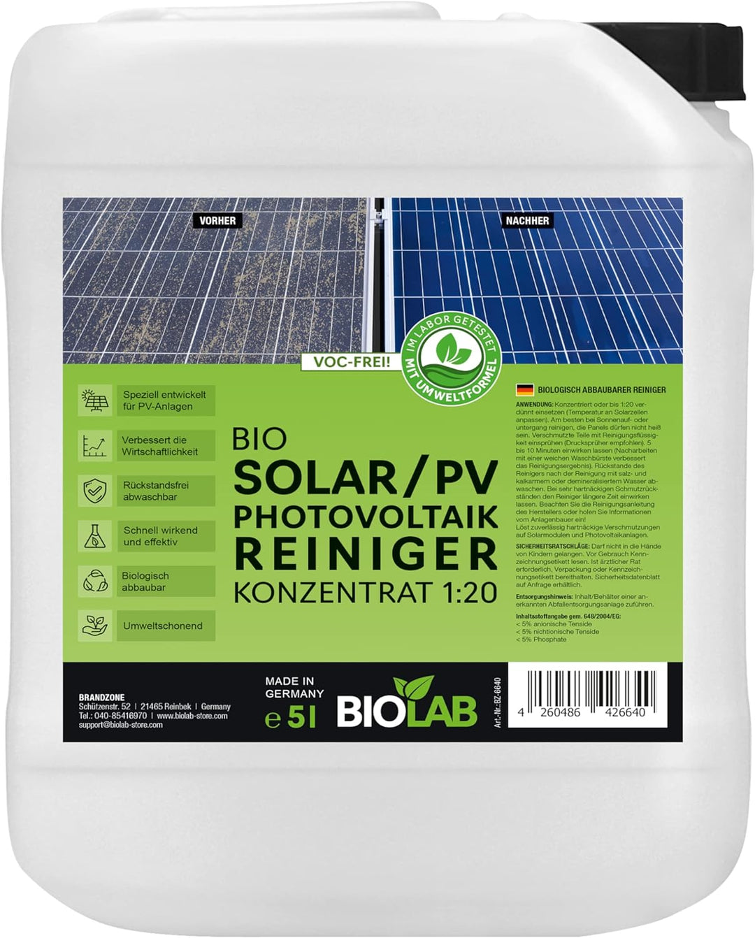 BIOLAB Bio Solar & PV Photovoltaik Reiniger Konzentrat 1:20 (5 Liter Kanister) zum Reinigen von Sola