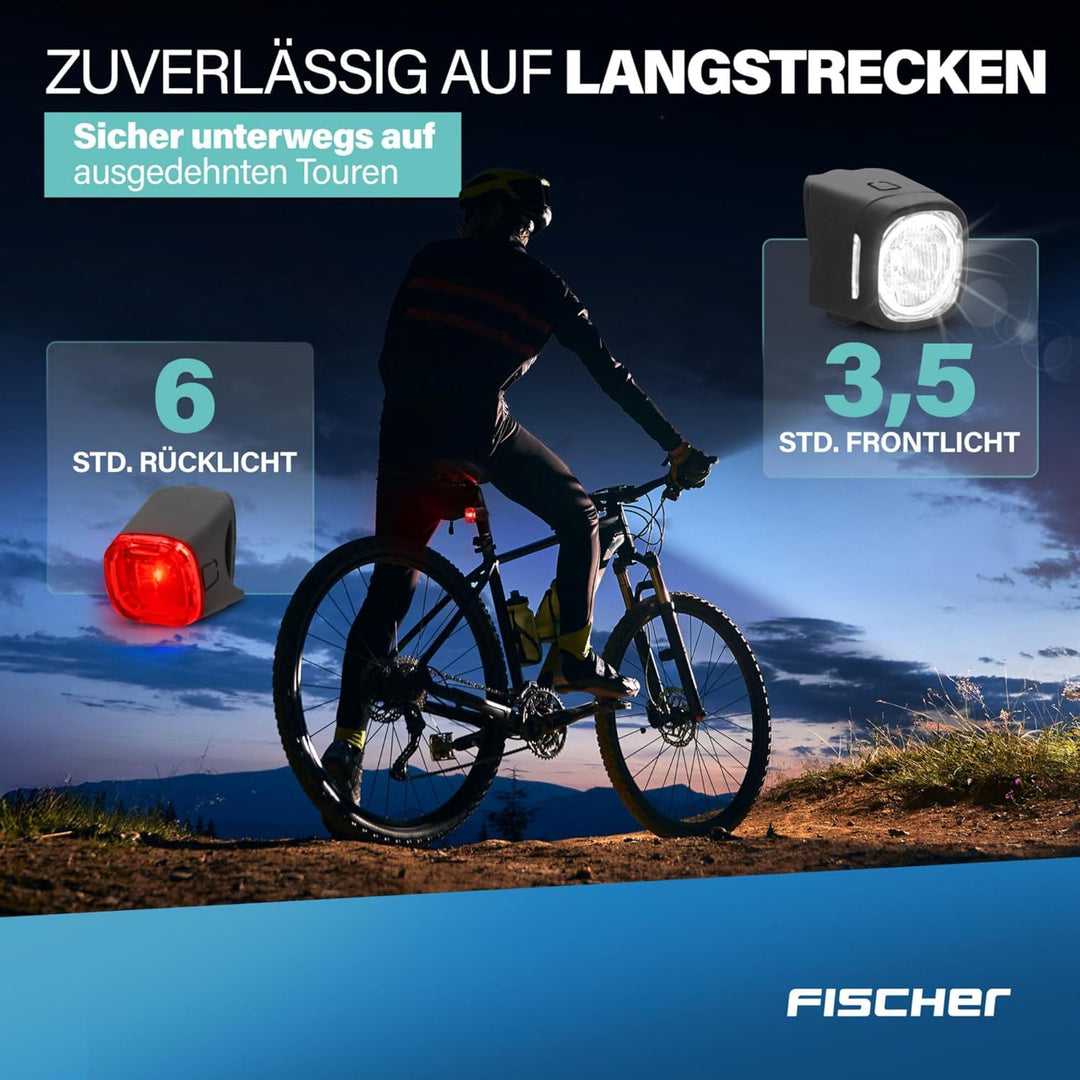 Fischer Fahrrad Beleuchtungsset Square, 40/20 Lux, Front- und Rückleuchte, mit Akku, USB-Ladefunktio