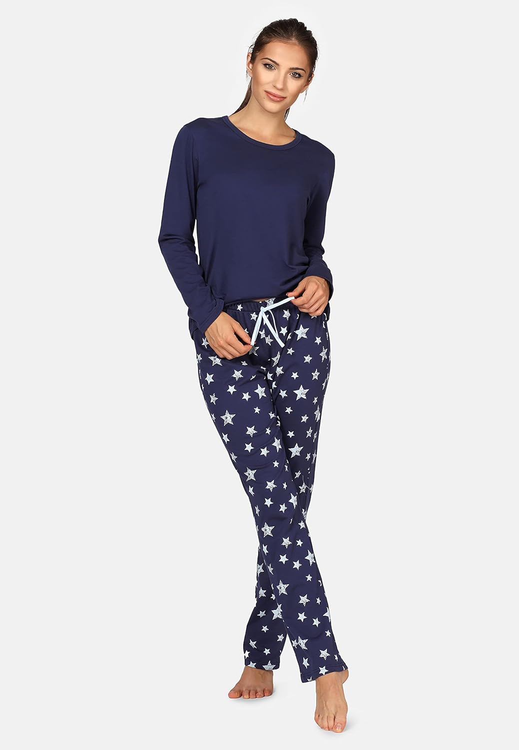Bellivalini Damen Schlafanzug lang Pyjama Langarm Lange Hose Muster Sterne BLV50-167 S Marineblau Ma