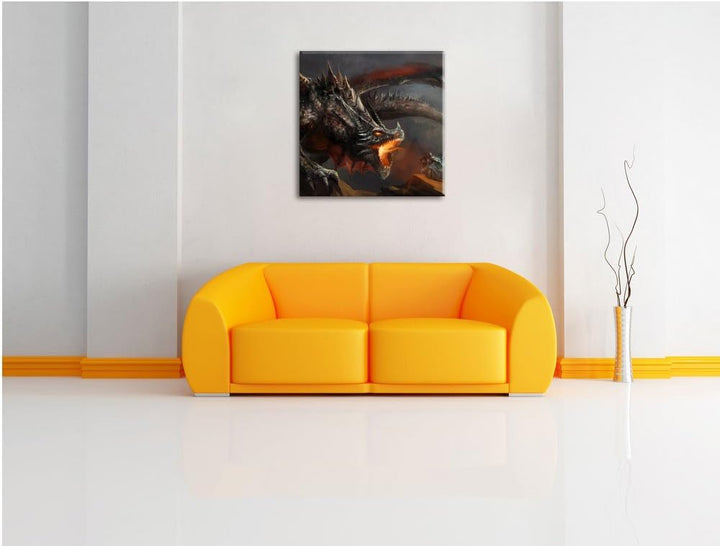 Pixxprint Kampf zwischen Mensch und Drache als Leinwandbild Quadratisch/Grösse: 70x70 / Wandbild/Kun