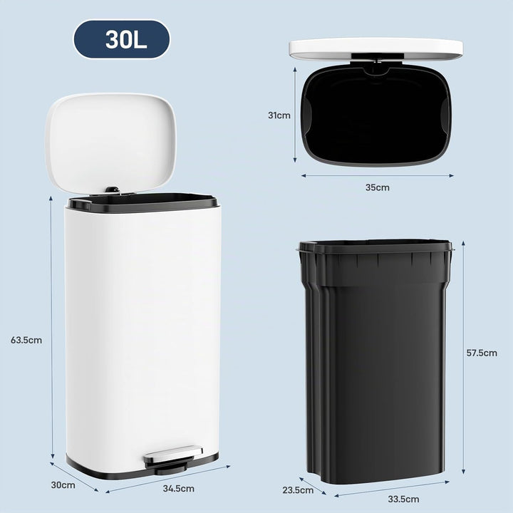 Clevich Mülleimer 30L aus Stahl, Abfalleimer, Tretmülleimer mit Soft-Close Deckel, Fusspeda, abnehmb