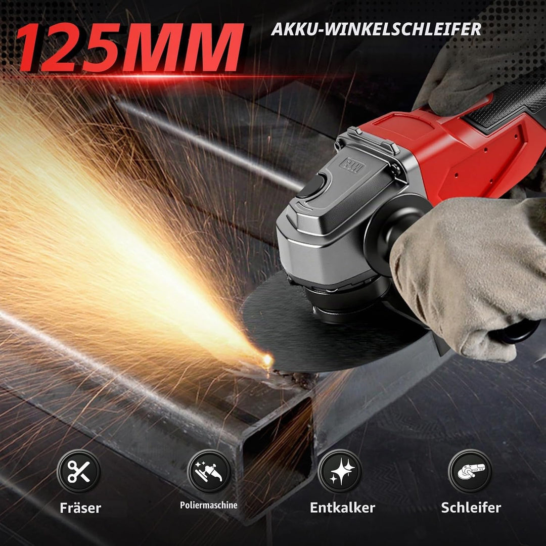 Akku Winkelschleifer für Milwaukee 18V,125mm Bürstenlos,3 Geschwindigkeiten,12000 U/min mit 4 M14 bi