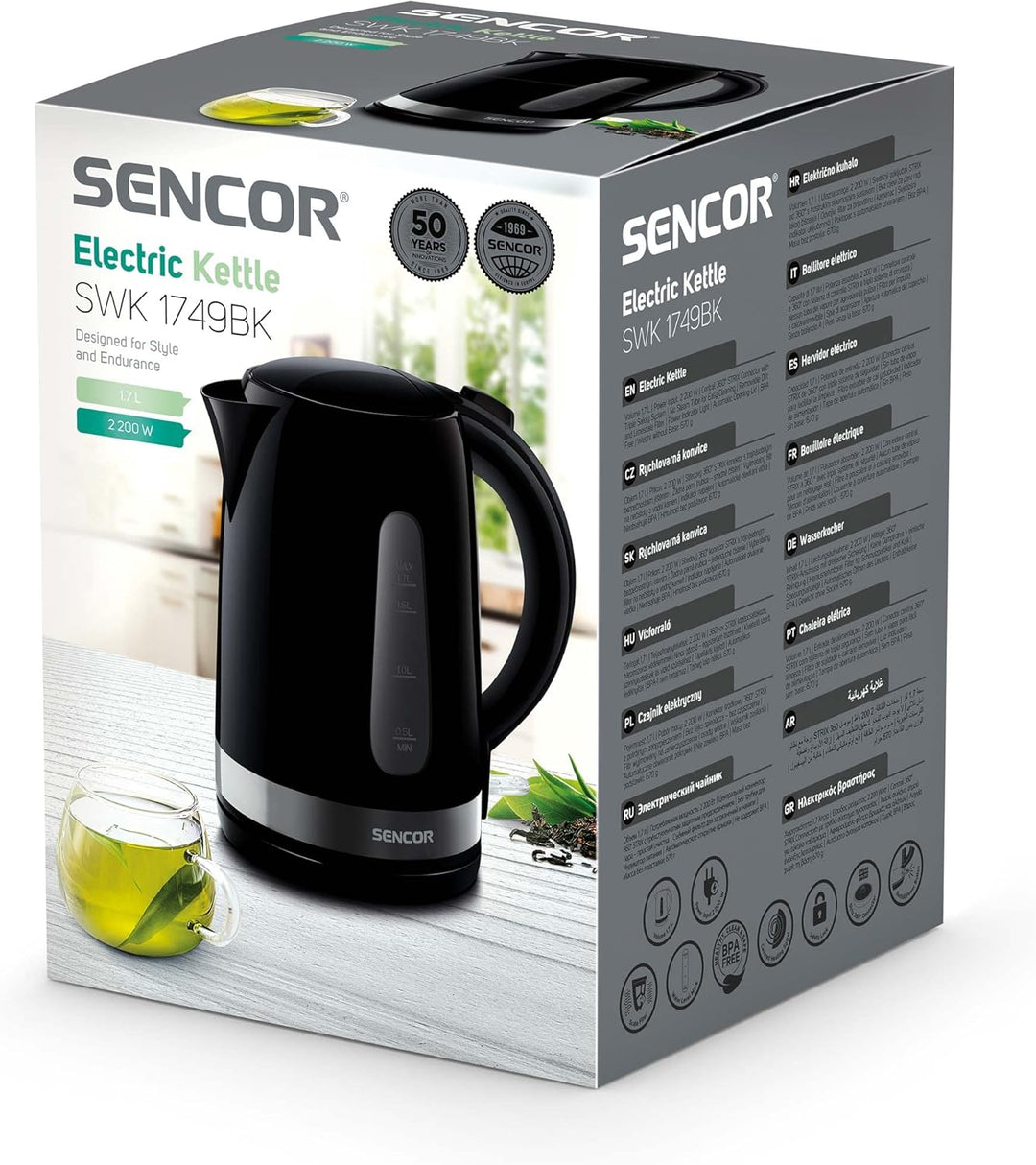 SENCOR SWK 1749BK Wasserkocher, 2200 Watt, Volumen 1,7 L, Schwarz, Schwarz
