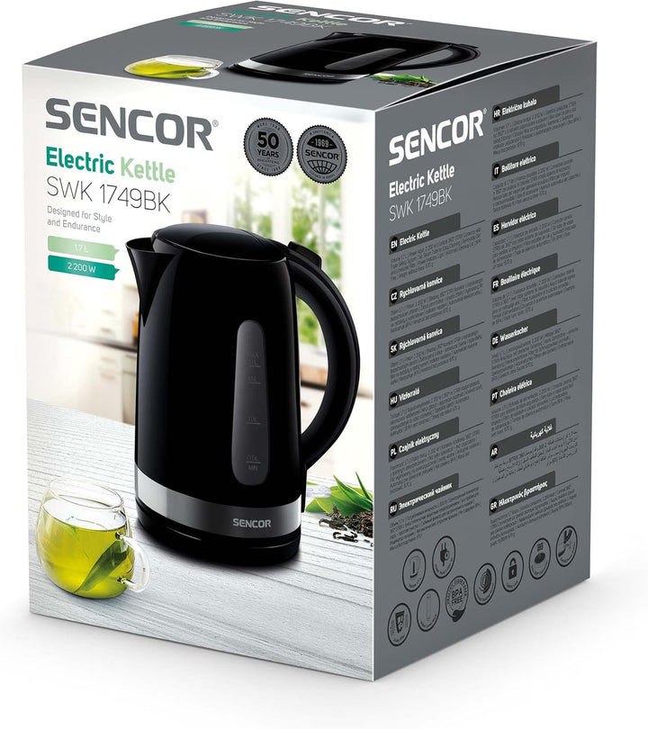 SENCOR SWK 1749BK Wasserkocher, 2200 Watt, Volumen 1,7 L, Schwarz, Schwarz