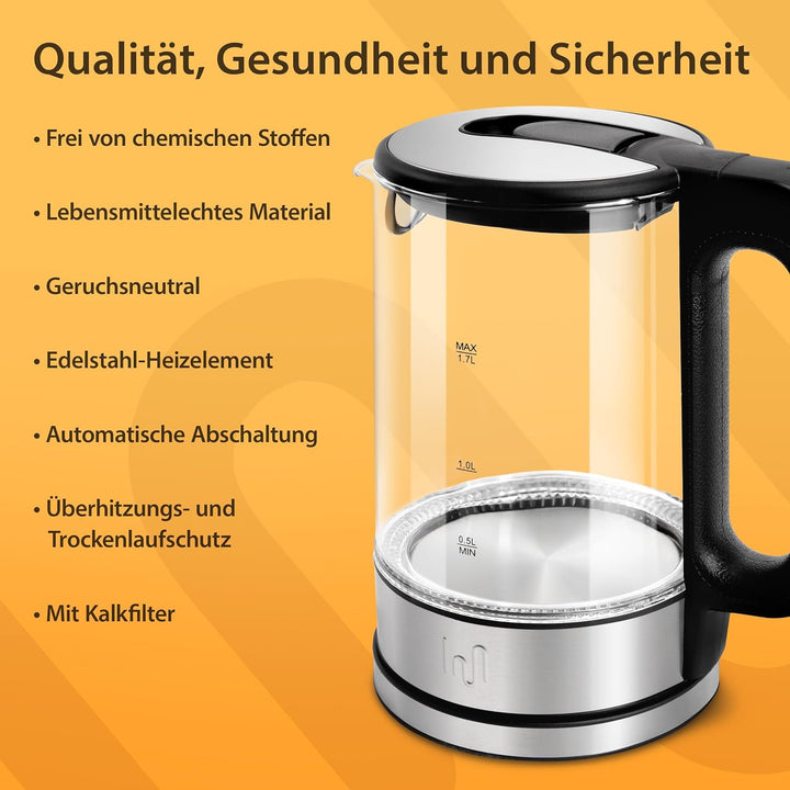 Impolio Classic Wasserkocher Glas, Wasserkocher 1,7L, Wasserkocher Edelstahl mit LED Beleuchtung, Wa