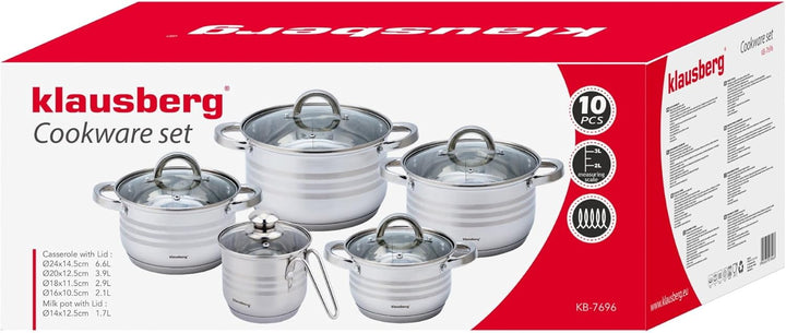 10-teilig Edelstahl Kochtopf Set Topfset mit Glasdeckel Topfe Induktion KLAUSBERG KB-7696