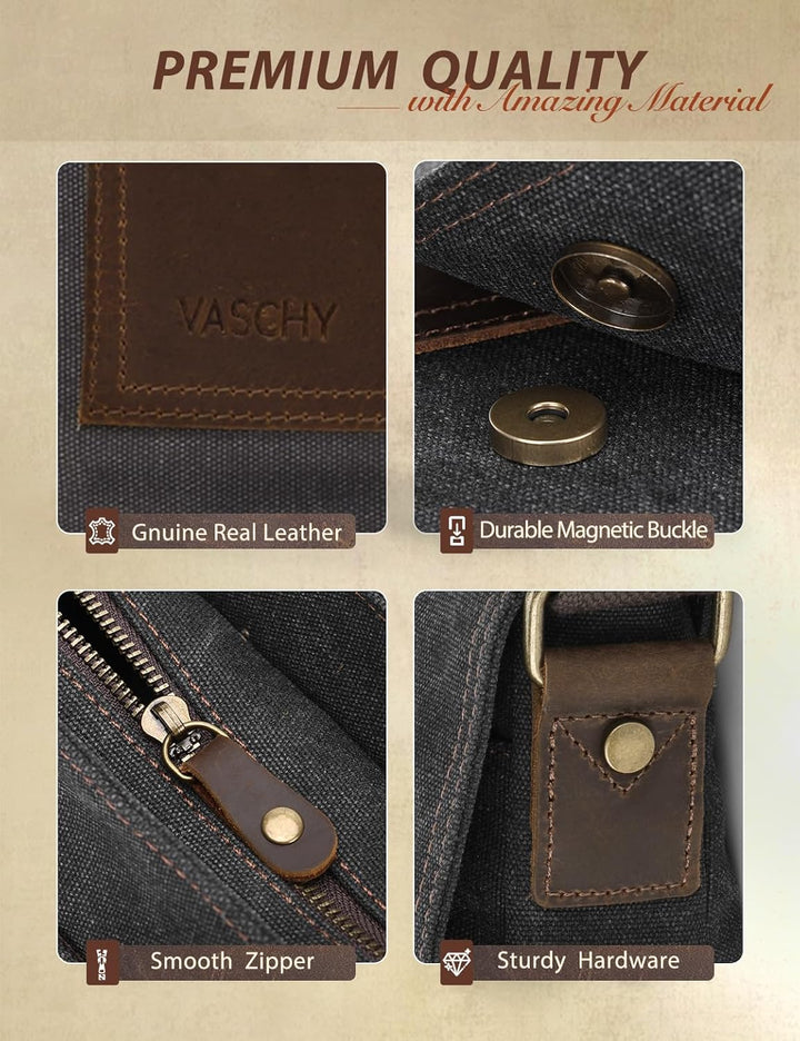 VASCHY Klein Umhängetasche Herren, Vintage Leinwand Herrentasche Echtes Leder Schultertasche Klassis