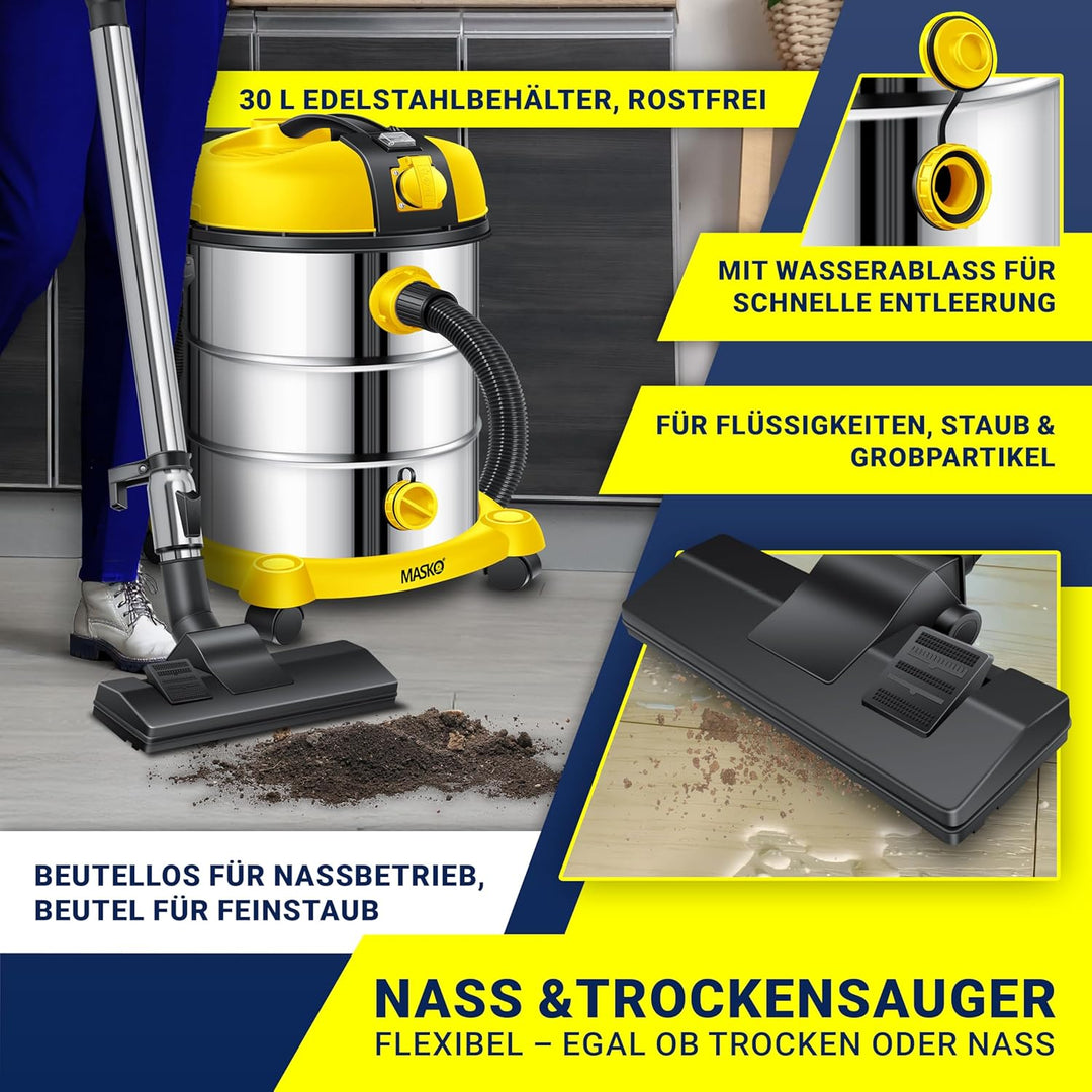 MASKO® Industriestaubsauger Staubsauger Nass Trocken Sauger Edelstahl 2300W + Steckdose | Blasfunkti