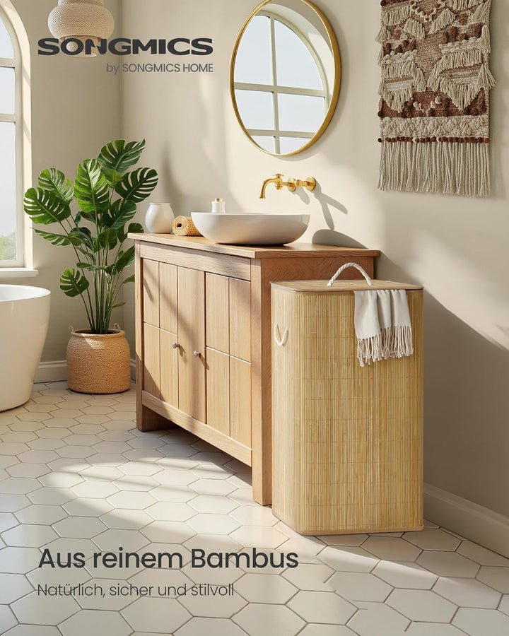 SONGMICS Wäschekorb mit Deckel, 60 L, Wäschesammler Bambus, rechteckig, Wäschebox mit Griffen, faltb