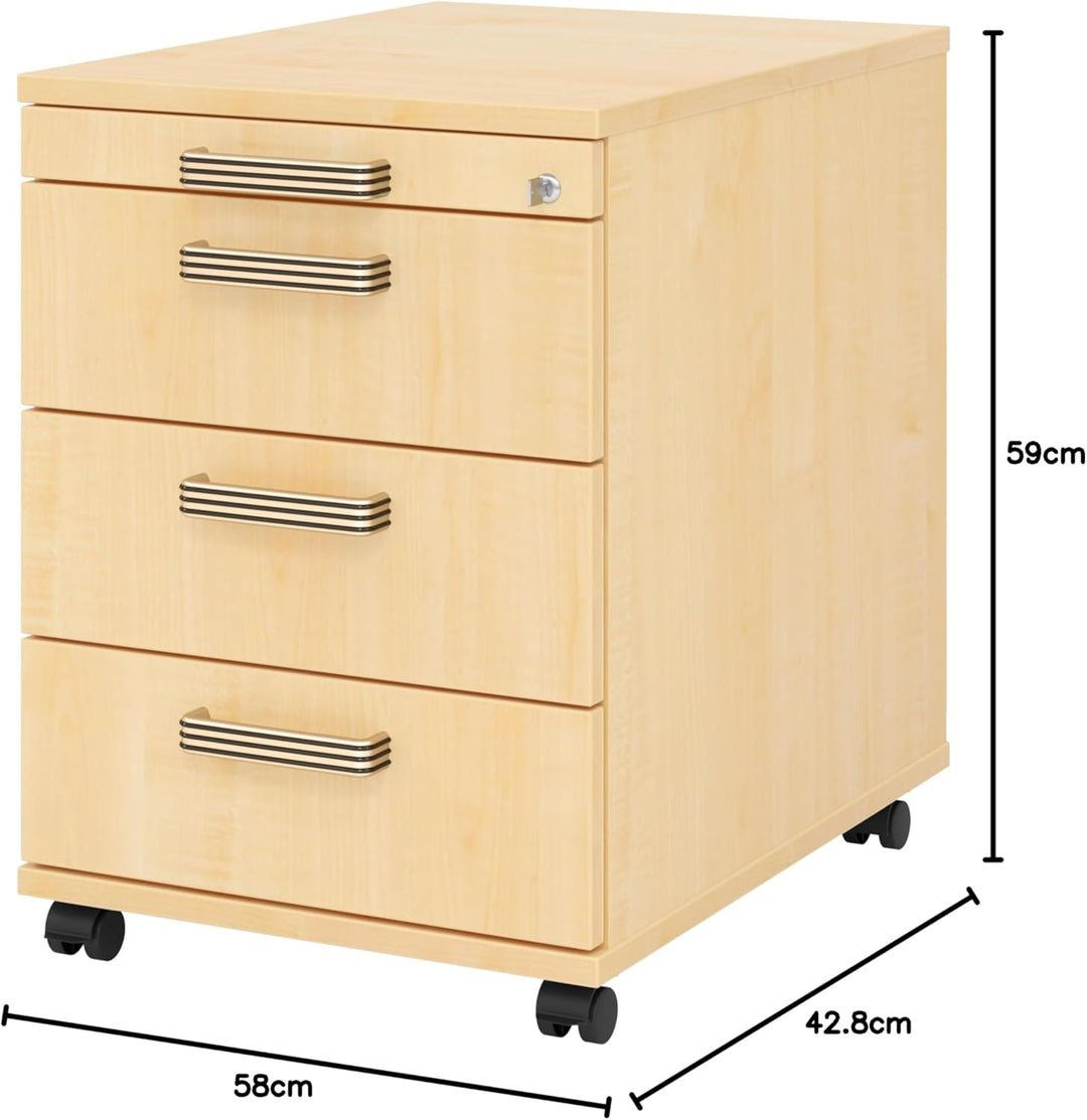bümö Rollcontainer mit Schubladen, Container abschliessbar aus Holz in Ahorn - Rollwagen für's Büro