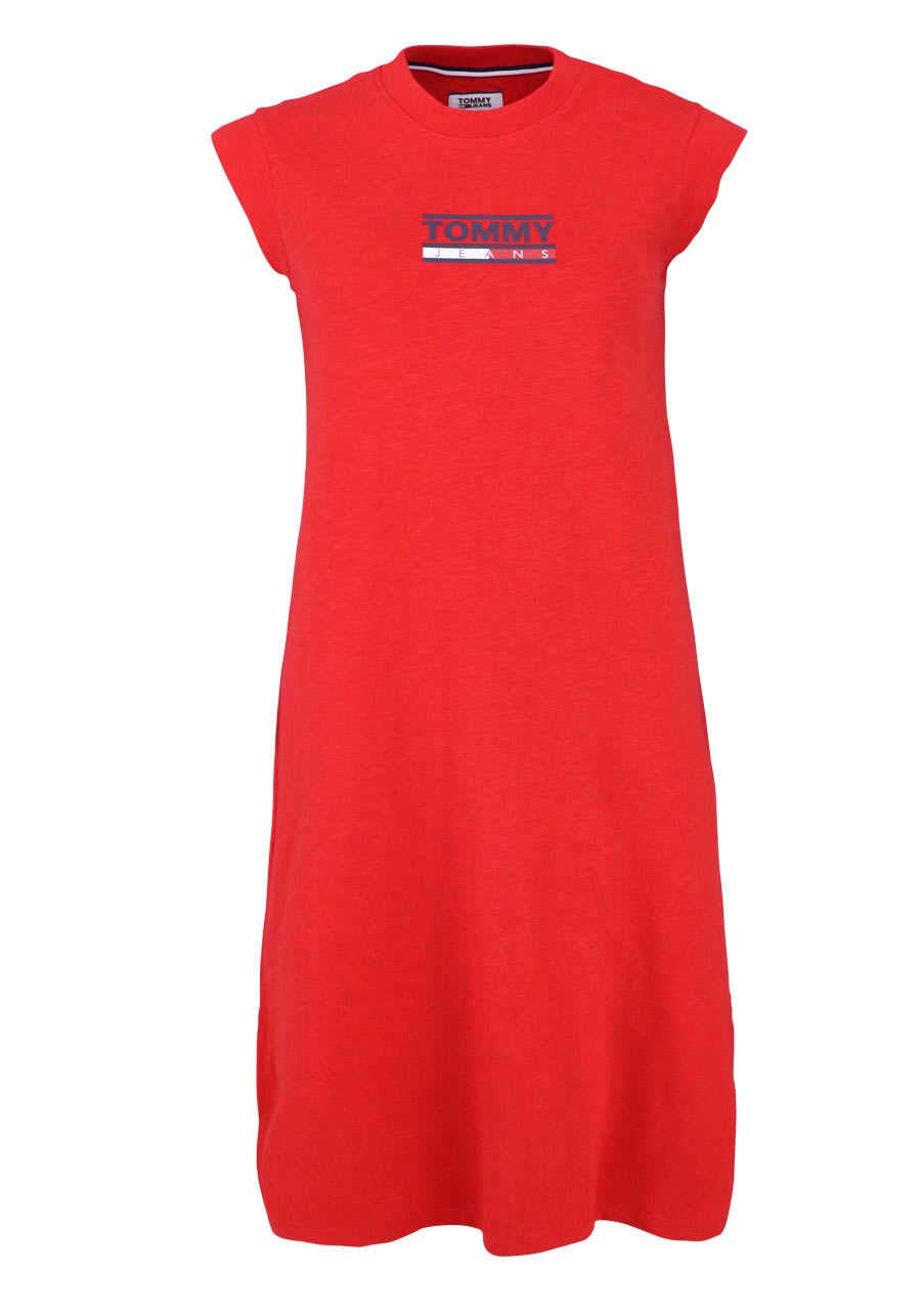 Tommy Jeans ärmelloses Kleid Rundhals Schrift-Print mittelrot Grösse S
