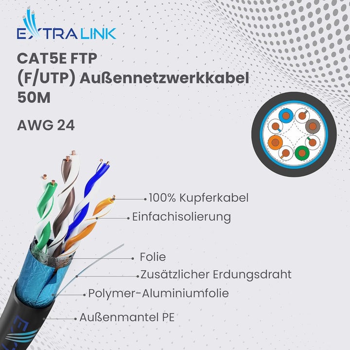 EXTRALINK CAT 5E FTP F/UTP mit Alufolie abgeschirmt Outdoor Ethernet Kabel 50 METER Extern Twisted P
