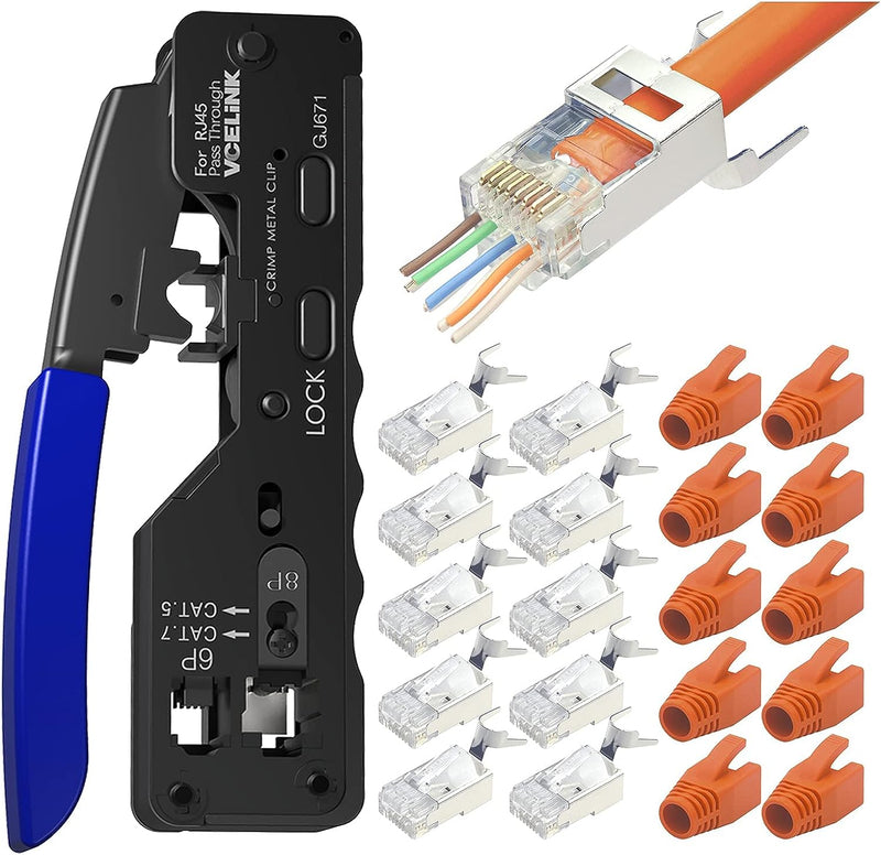 VCELINK GJ671BL Crimpzange RJ45 Presszange für RJ45 Stecker mit Cat 7 Cat6A Lan Stecker Pass Through